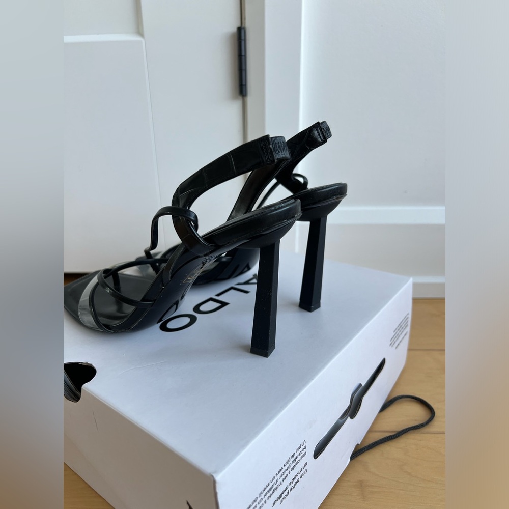 Aldo Black Strappy Heels with Clear Accent